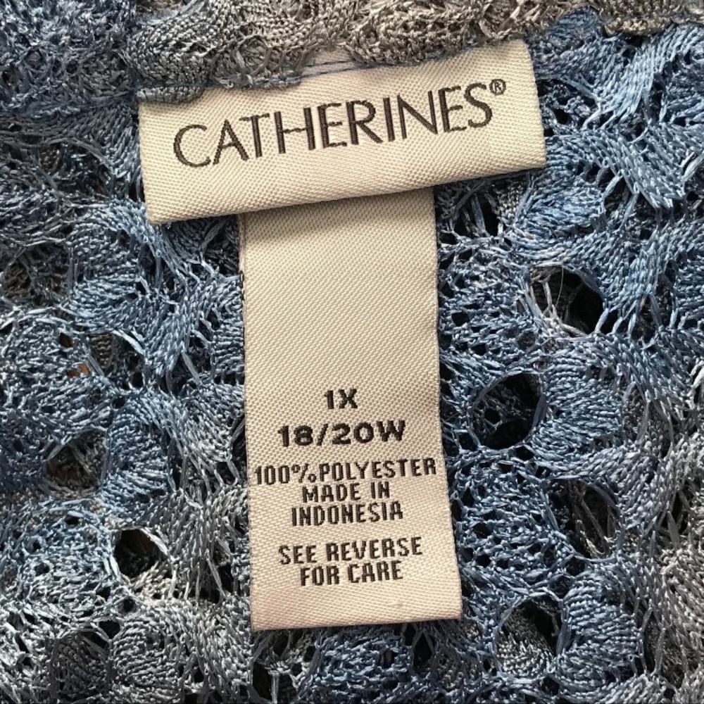Catherines Blue Gray Crochet Tunic Open Weave Topper Size 1X Pullover 3/4 Sleeve - Picture 6 of 7